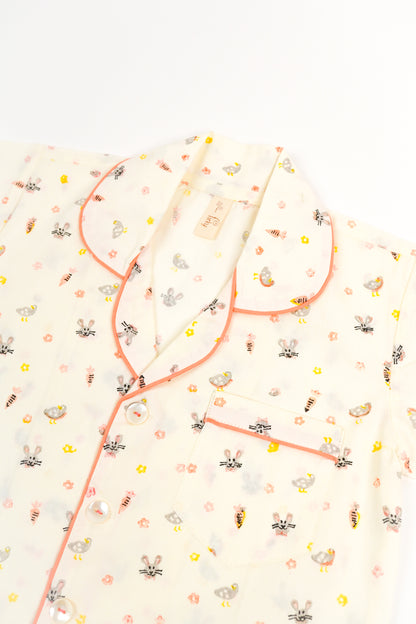 Bunny & Carrot Print Notched Collar Night Suit with Short - Firky